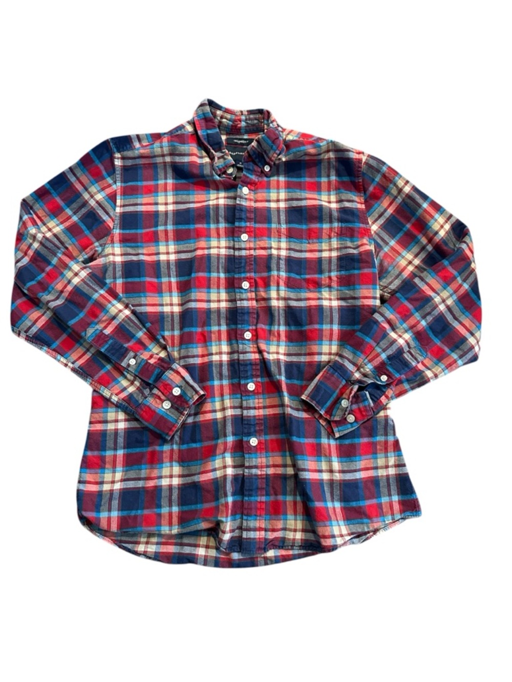 Saddlebred Red, Blue and gray Plaid Button-Down Shirt. Size Medium.